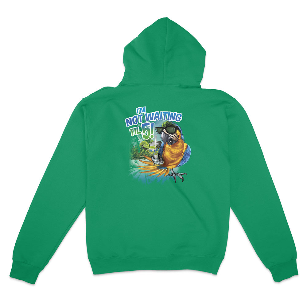 Green hoodie with a colorful parrot graphic and text on the back, on a white background