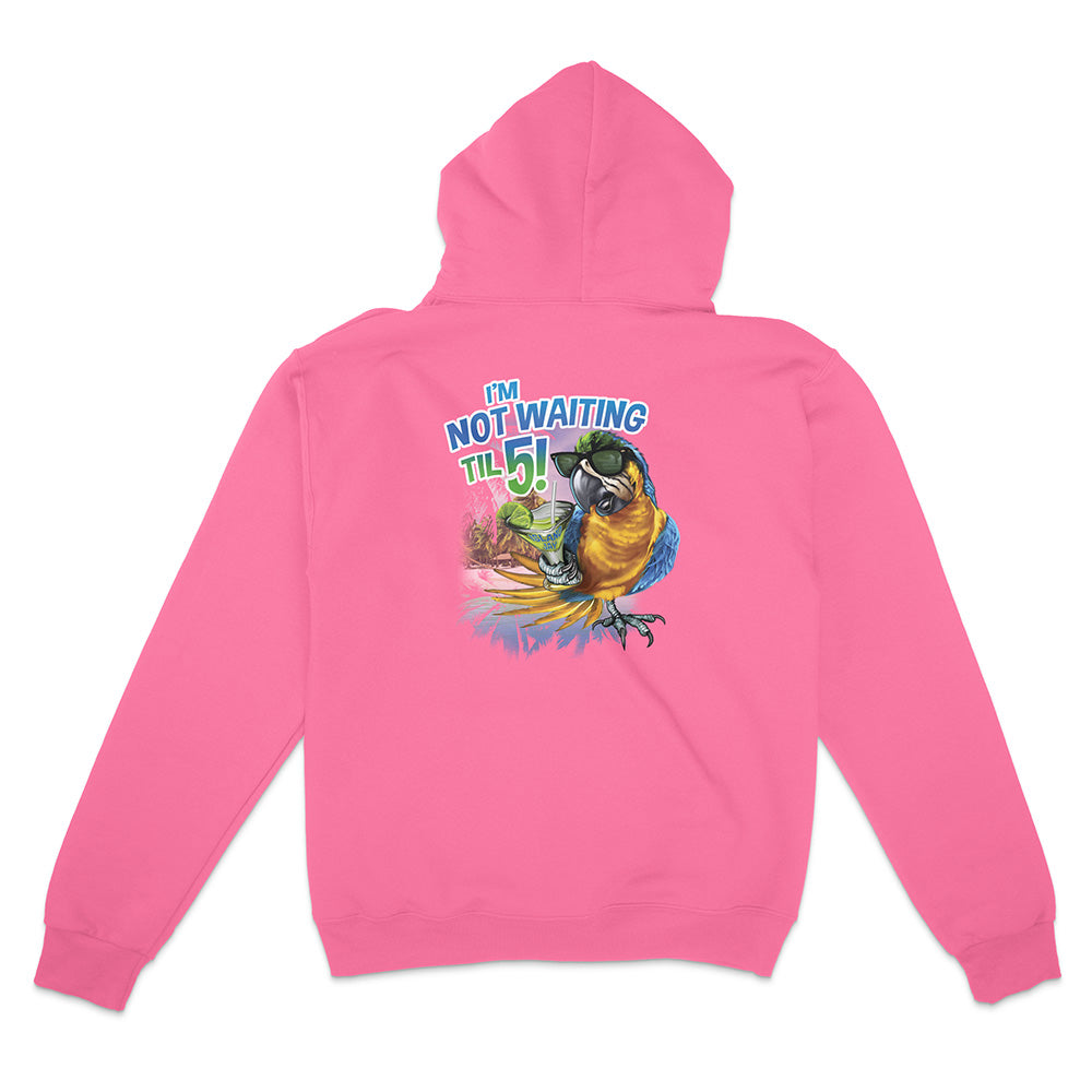 Pink hoodie with a colorful parrot graphic and text on the back against a white background