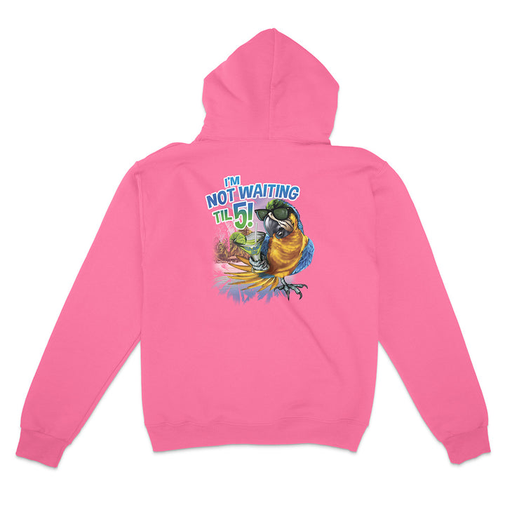 Pink hoodie with a colorful parrot graphic and text on the back against a white background