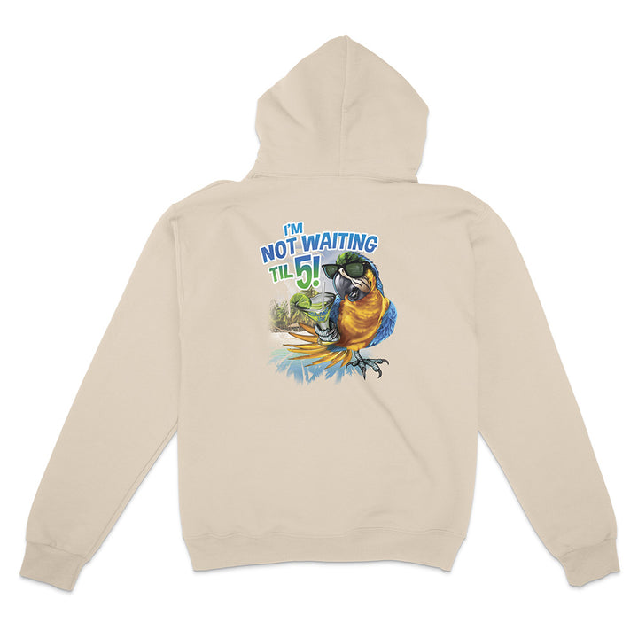 Beige hoodie with a colorful parrot graphic and text on the back against a white background
