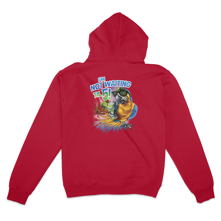 Red hoodie with a colorful parrot graphic and text on the back, on a white background
