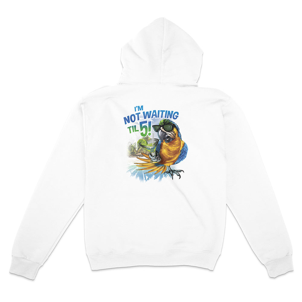 White hoodie with a parrot graphic and text on a white background