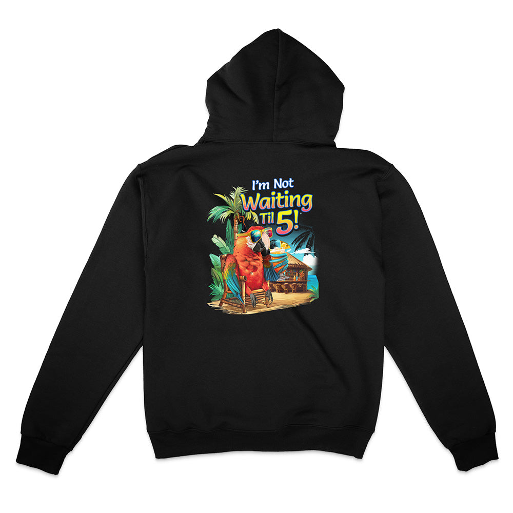 Black hoodie with a colorful graphic and text on the back, displayed on a white background.