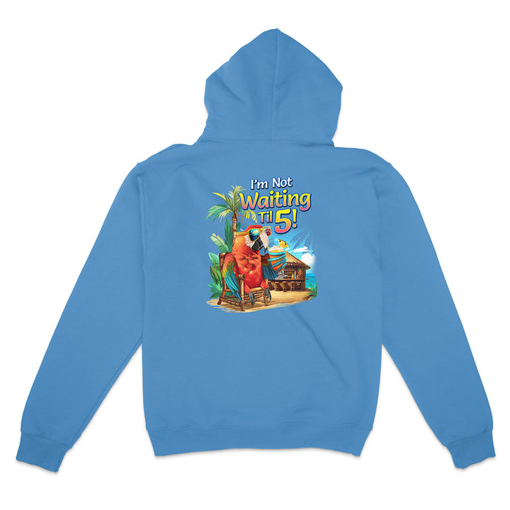 Blue hoodie with a colorful graphic on the back featuring a character and text.