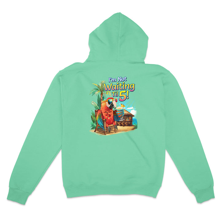 Green hoodie with a colorful graphic on the back featuring text and a cartoon character.