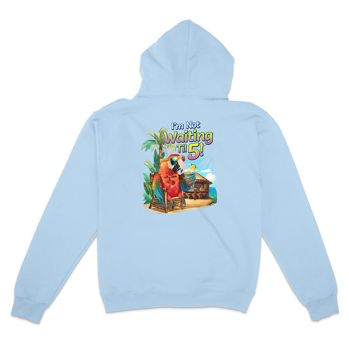 Light blue hoodie with a colorful graphic on the back featuring a parrot and text.