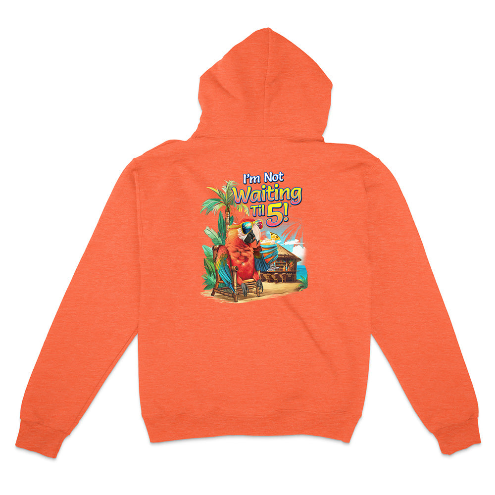 Orange hoodie with a colorful graphic on the back featuring text and a tropical scene.