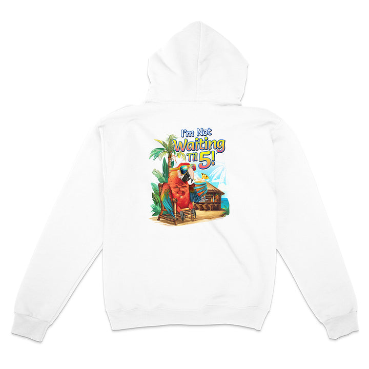 White hoodie with a colorful graphic of a parrot and text on a white background