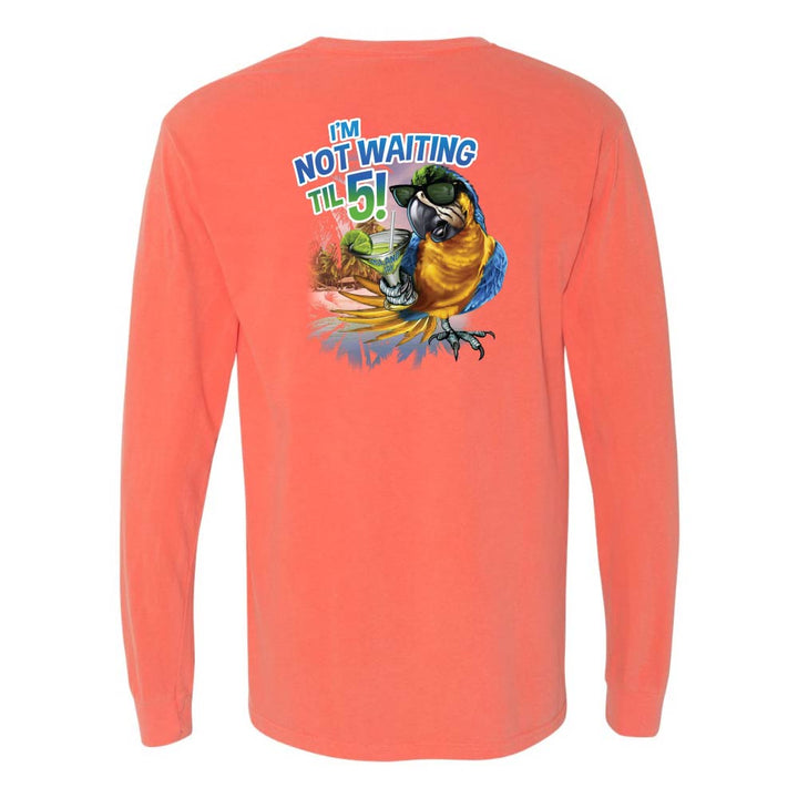 Light orange/red long-sleeve shirt with a parrot and margarita graphic and text reading "I'm Not Waiting Til 5!".