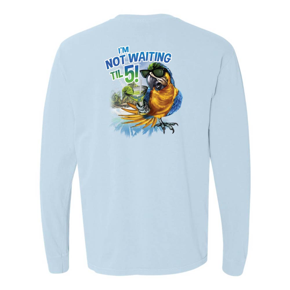 Light Blue long-sleeve shirt with a parrot and margarita graphic and text reading "I'm Not Waiting Til 5!".