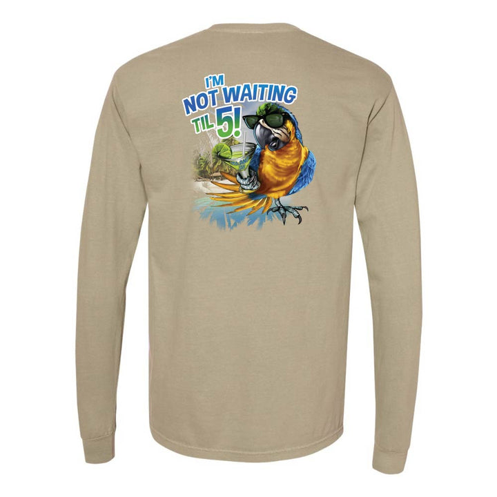 Khaki long-sleeve shirt with a parrot and margarita graphic and text reading "I'm Not Waiting Til 5!".