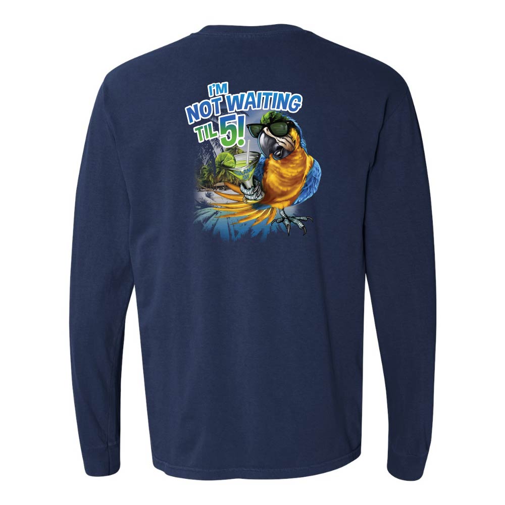Navy long-sleeve shirt with a parrot and margarita graphic and text reading "I'm Not Waiting Til 5!".