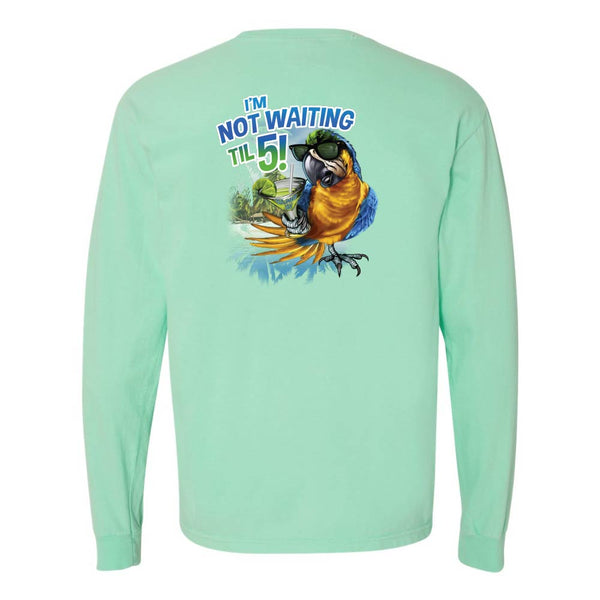 Mint green long-sleeve shirt with a parrot and margarita graphic and text reading "I'm Not Waiting Til 5!".
