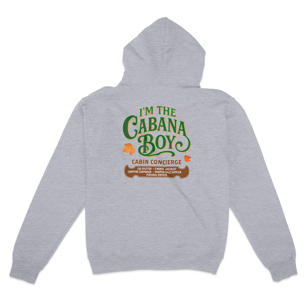 Gray hoodie with 'I'm the Cabana Boy' text on a white background