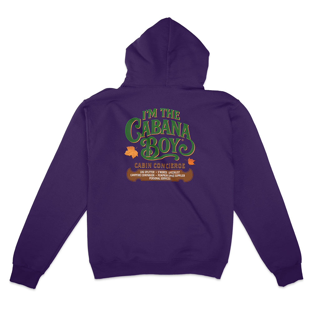 Purple hoodie with 'I'm the Cabana Boy' text on the back against a white background