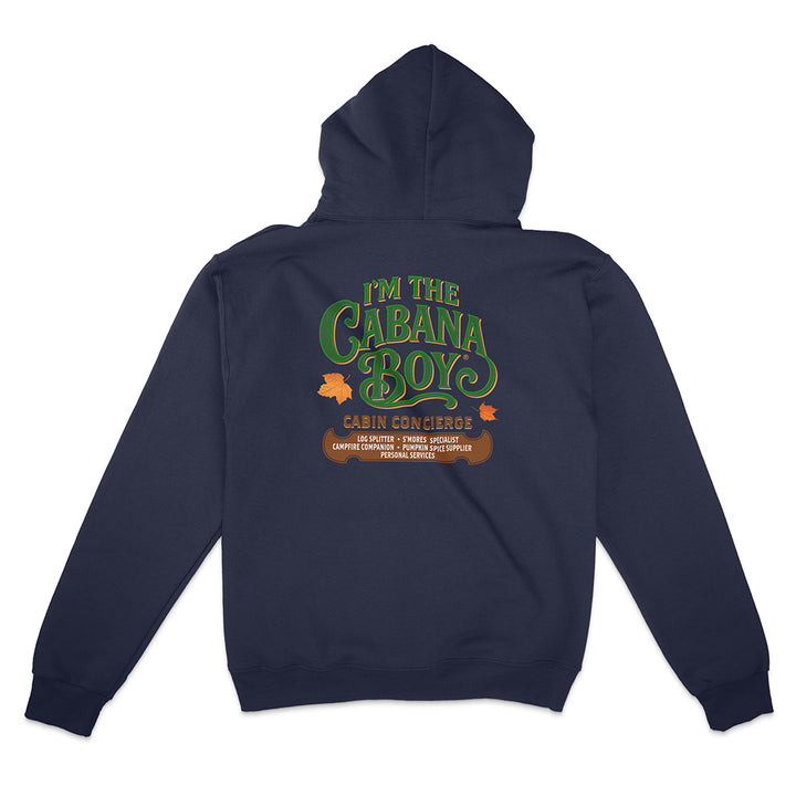 Navy blue hoodie with 'I'm the Cabana Boy' text on the back against a white background