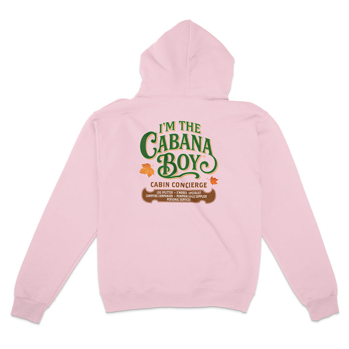Pink hoodie with text 'I'm the Cabana Boy Cabin Concierge' on a white background