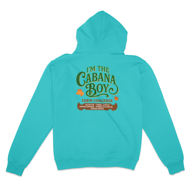 Turquoise hoodie with green text on the back on a white background