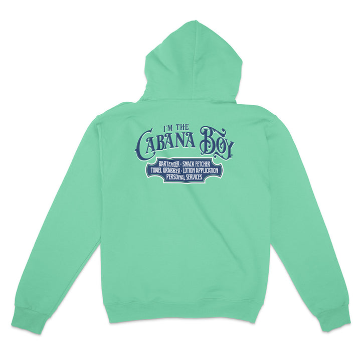 Green hoodie with text on the back on a white background