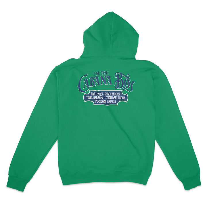 Green hoodie with text on the back against a white background