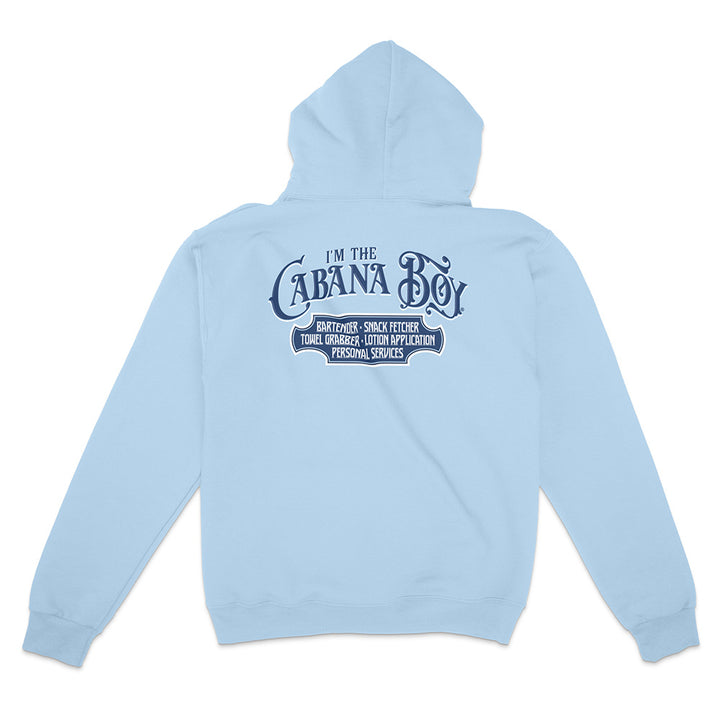 Light blue hoodie with text on the back against a white background