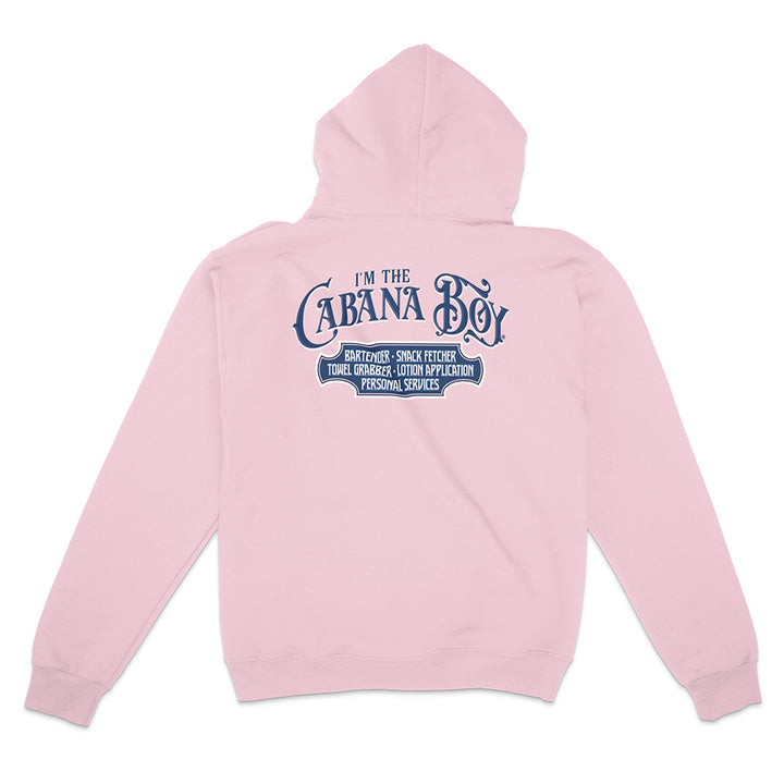 Pink hoodie with blue text on the back against a white background