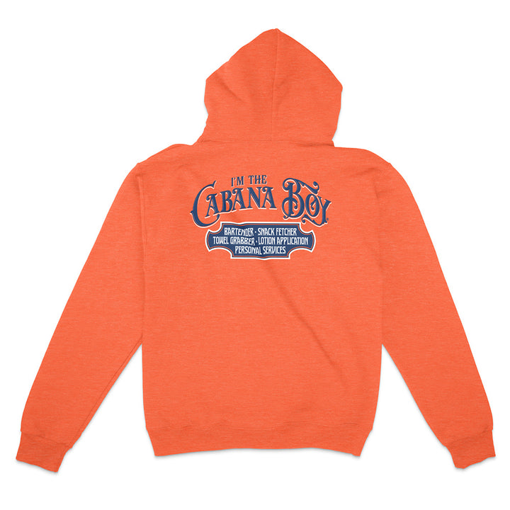 Orange hoodie with text on the back on a white background