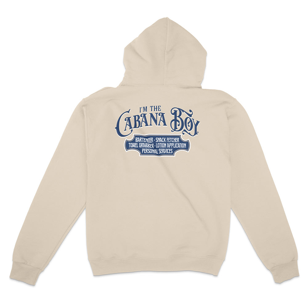 Beige hoodie with text on the back on a white background