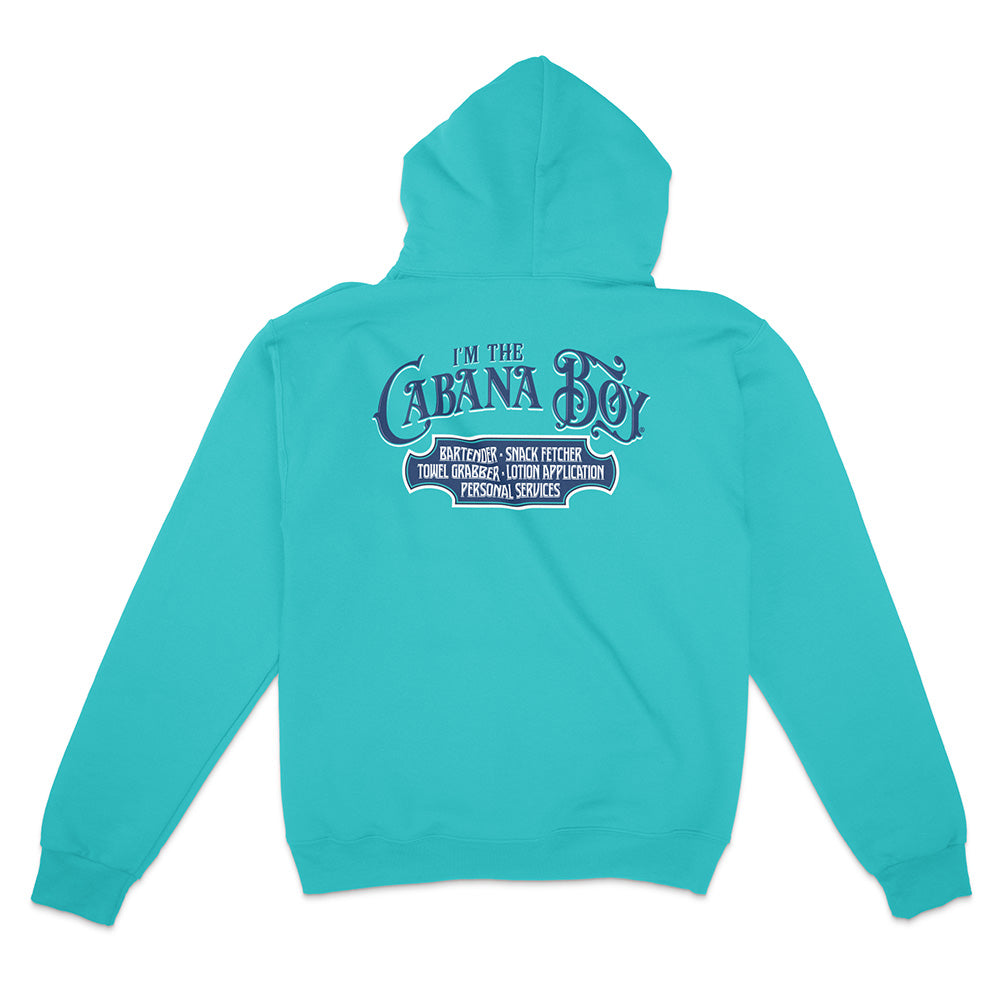 Turquoise hoodie with text on the back on a white background