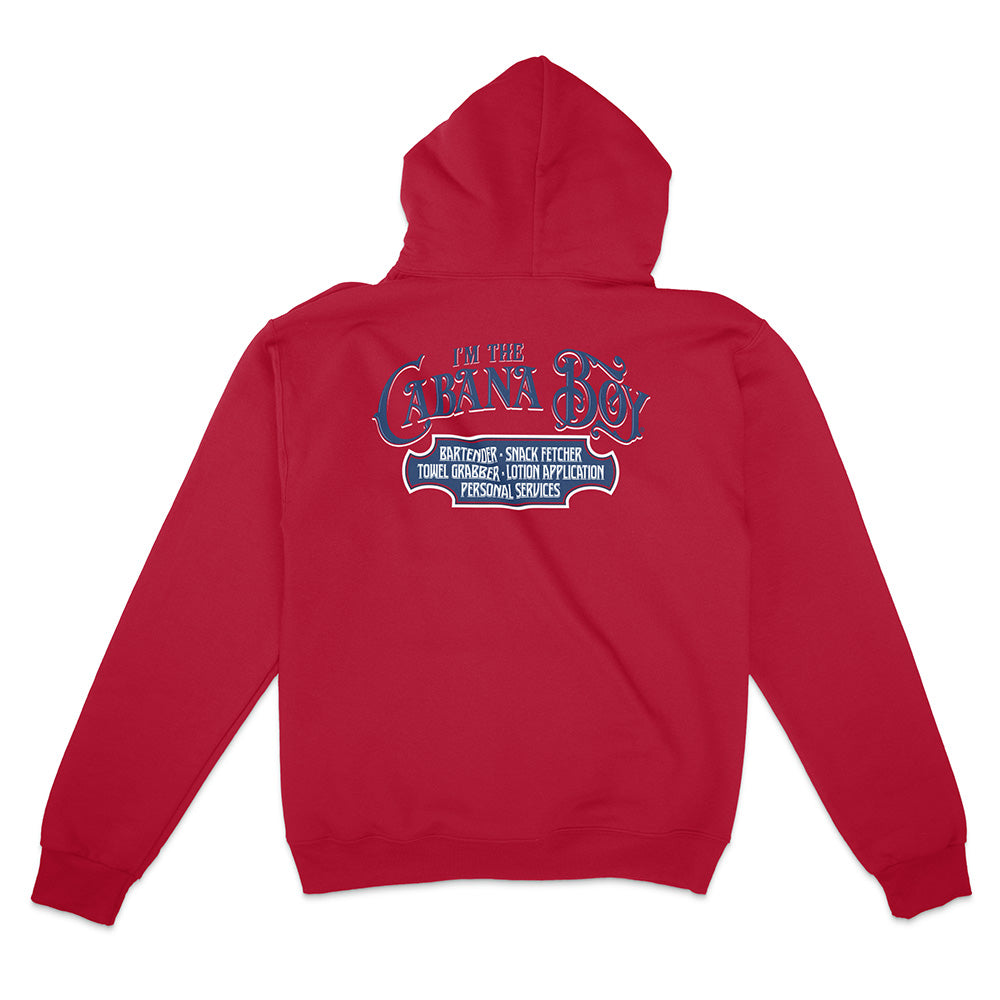 Red hoodie with text on the back against a white background