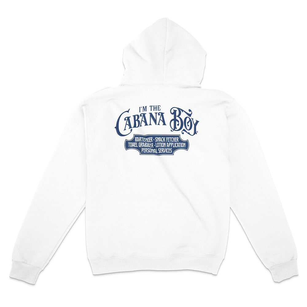 White hoodie with blue text on a white background