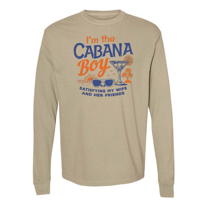 Khaki long-sleeve shirt with cocktail and sunglasses graphic with text "I'm The Cabana Boy Satisfying My Wife and Her Friends".