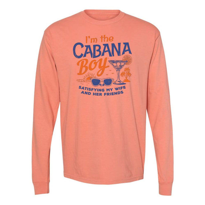 Light orange long-sleeve shirt with cocktail and sunglasses graphic with text "I'm The Cabana Boy Satisfying My Wife and Her Friends".