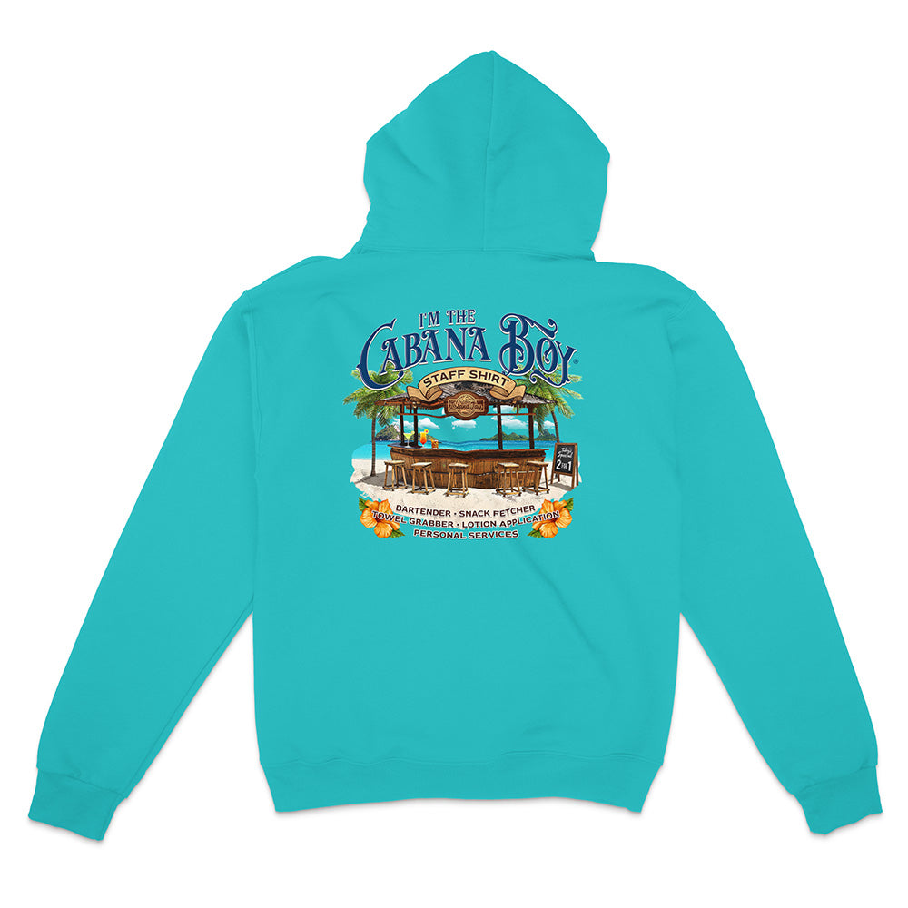 Turquoise hoodie with a graphic design on the back on a white background