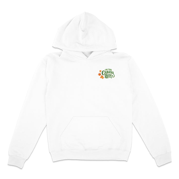 White hoodie with a logo on the chest against a white background
