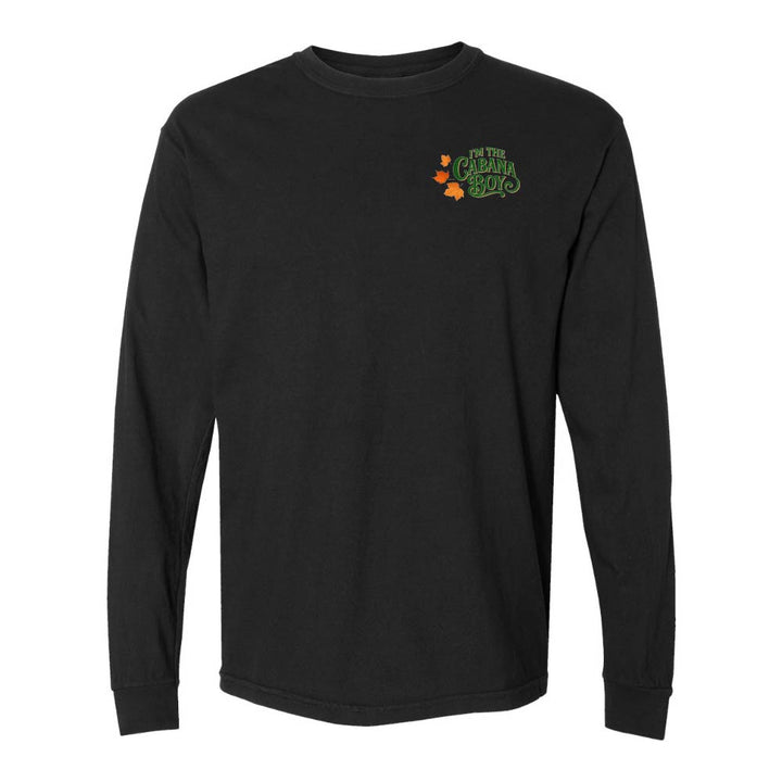 Black long-sleeve shirt with a logo on the chest against a white background