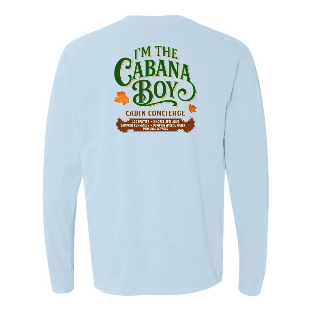 Light blue long-sleeve shirt with green and brown text on a white background