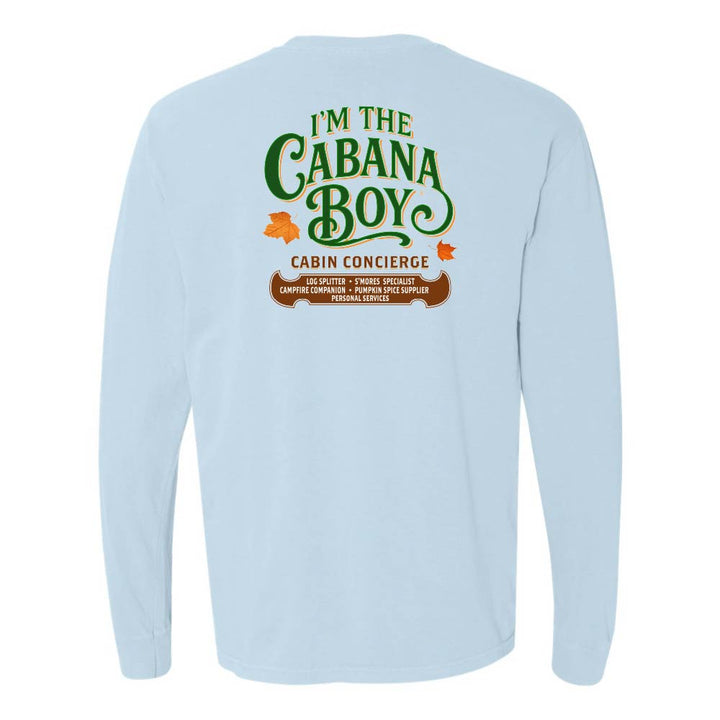Light blue long-sleeve shirt with green and brown text on a white background