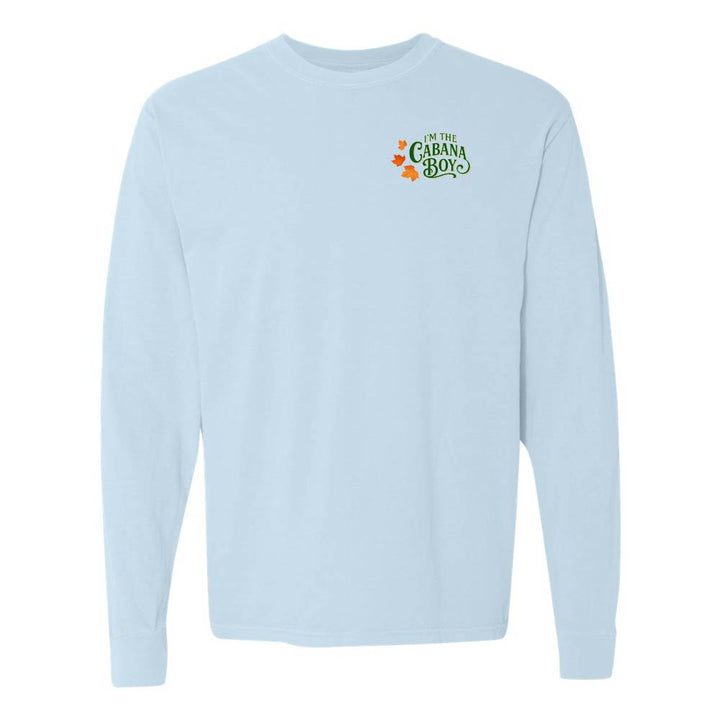 Light blue long-sleeve shirt with a logo on the chest against a white background