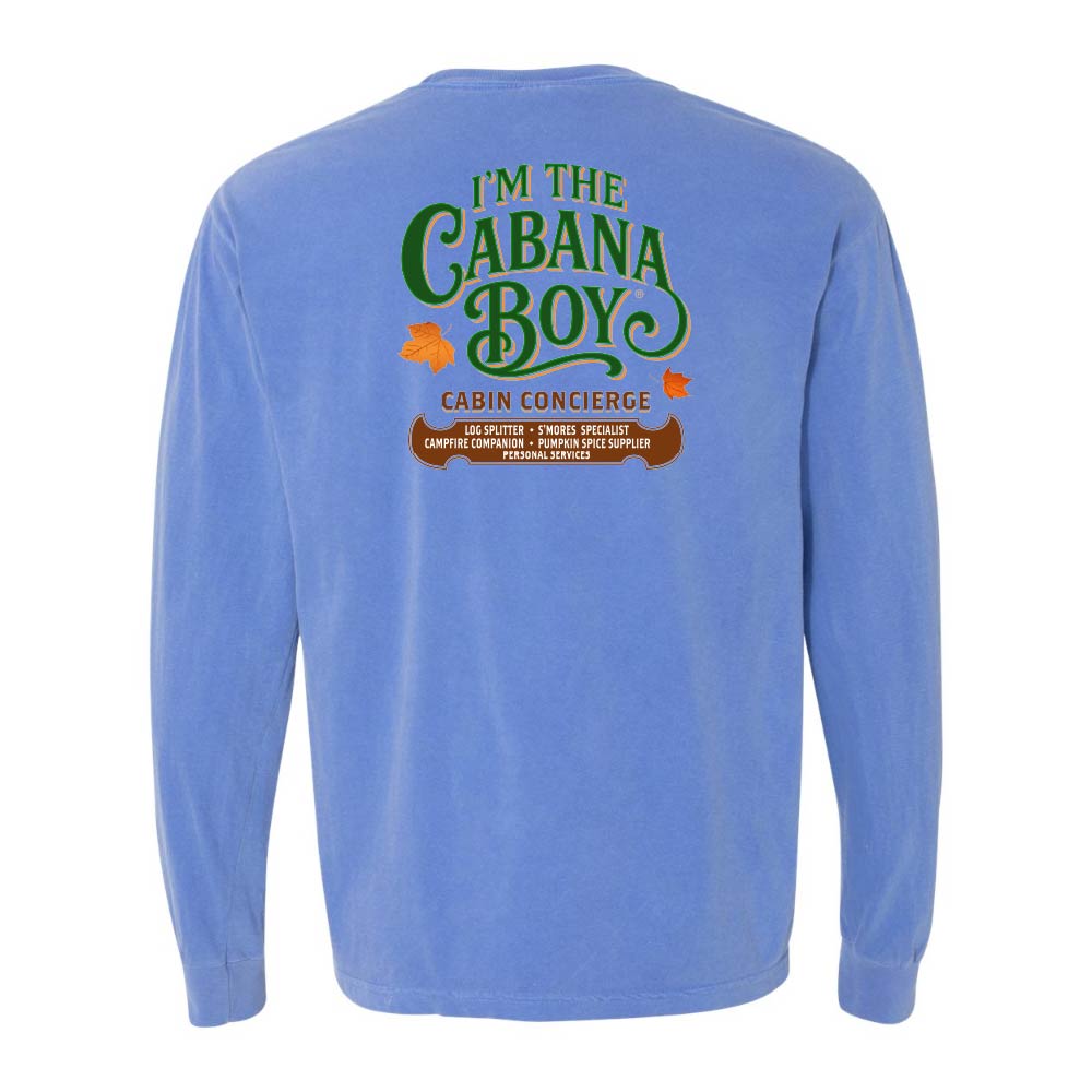 Blue long-sleeve shirt with 'I'm the Cabana Boy' text on the back against a white background