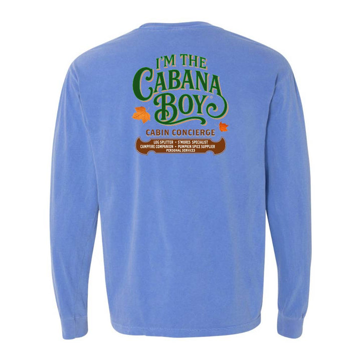 Blue long-sleeve shirt with 'I'm the Cabana Boy' text on the back against a white background