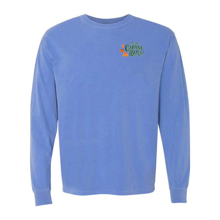 Blue long-sleeve shirt with a logo on the chest against a white background