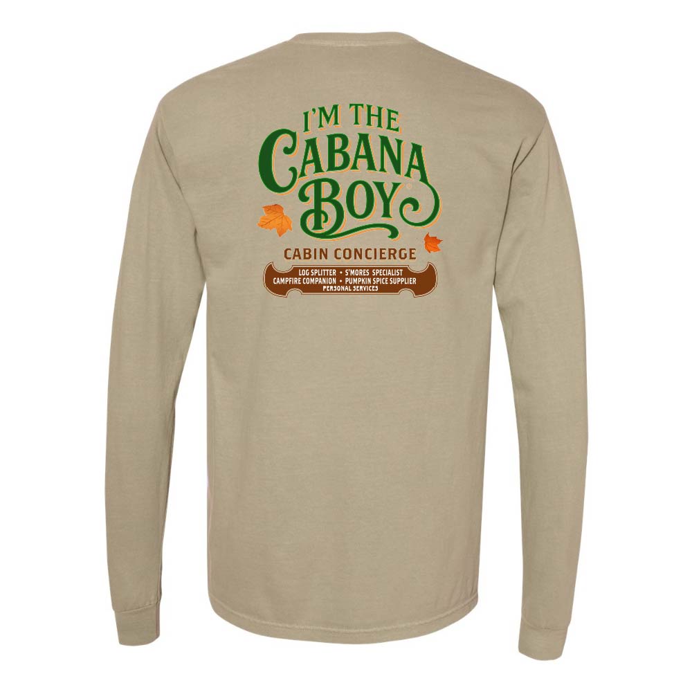 Beige long-sleeve shirt with green and brown text on the back, featuring the 'I'm the Cabana Boy' design.