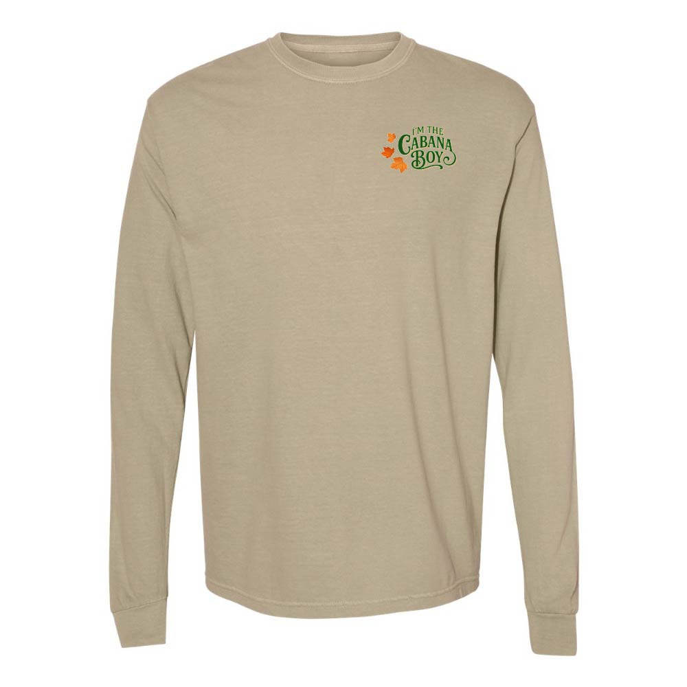 Beige long-sleeve shirt with a logo on the chest against a white background