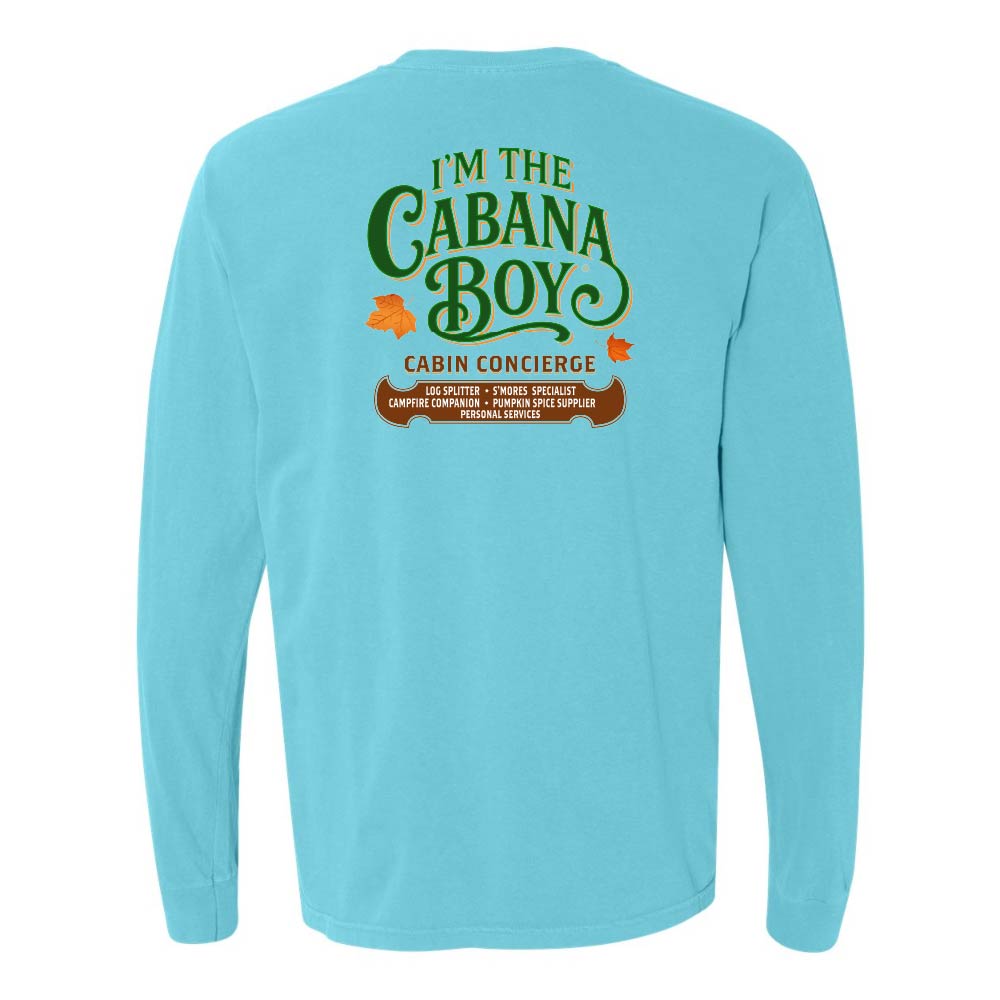 Light blue long-sleeve shirt with green text on a white background