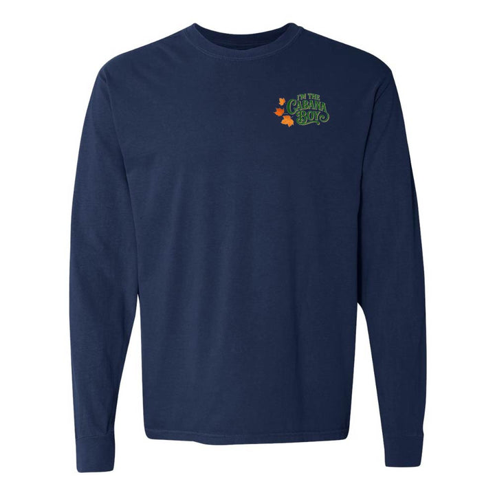 Navy blue long-sleeve shirt with a logo on the chest against a white background