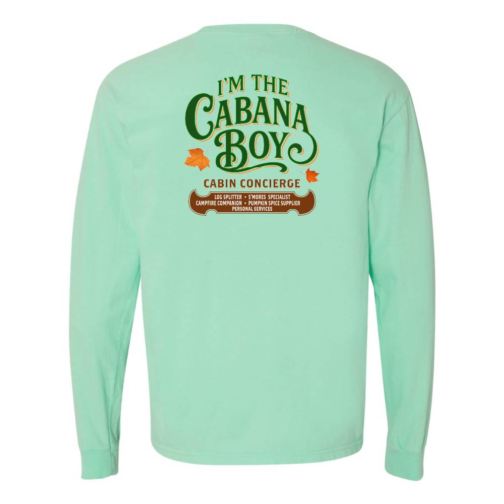 Mint green long-sleeve shirt with 'I'm the Cabana Boy' text on the back against a white background