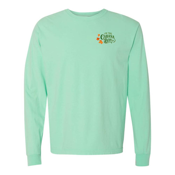 Mint green long-sleeve shirt with a logo on the chest against a white background