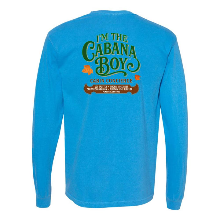 Blue long-sleeve shirt with green text on the back on a white background