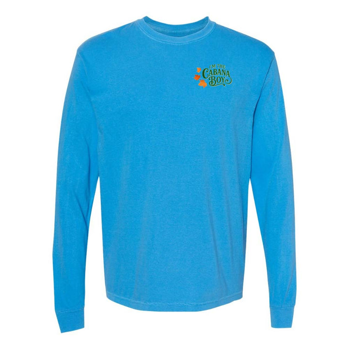 Blue long-sleeve shirt with a logo on the chest against a white background